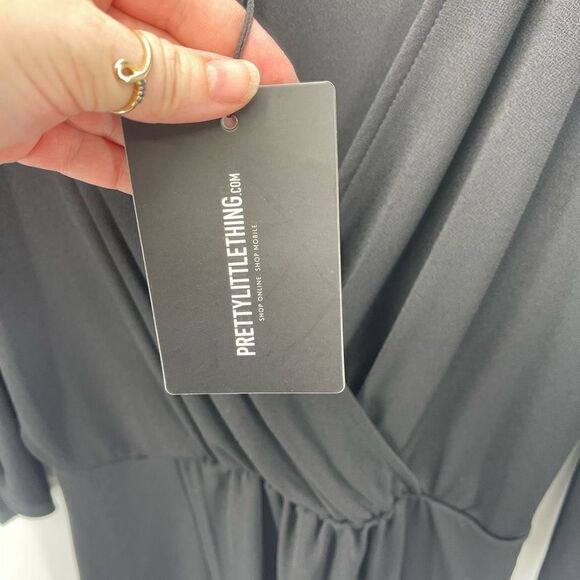 Pretty Little Thing Shift Dress Cocktail deep V Neck Wrap Stretch Black NEW 8 - Picture 8 of 13